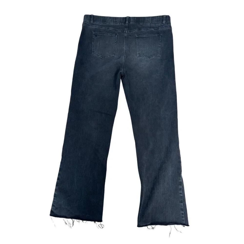 Betabrand Premium Yoga Denim Pull On Flare Bootcut Black Wash Jean Frayed Hem XL